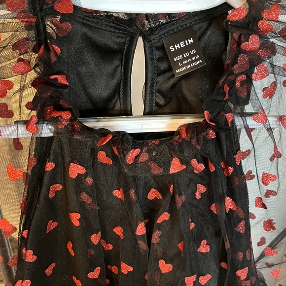 Shein Valentine Sparkle Hearts Long Sleeve Sheer Top Red & Black L - Picture 3 of 6